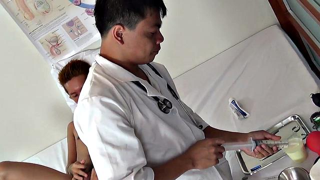 Gaping Asian twink gets anal exam at doctor's infirmary