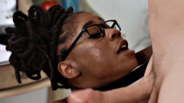 Squirting ebony fucked in black pussy by big white dick