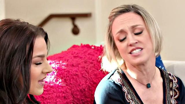 Massaging MILF with big tits licking her inked BFF