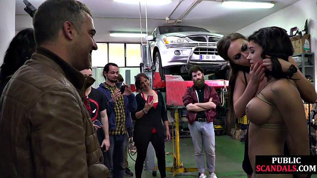 Tied stunning babe pussydrilled in garage