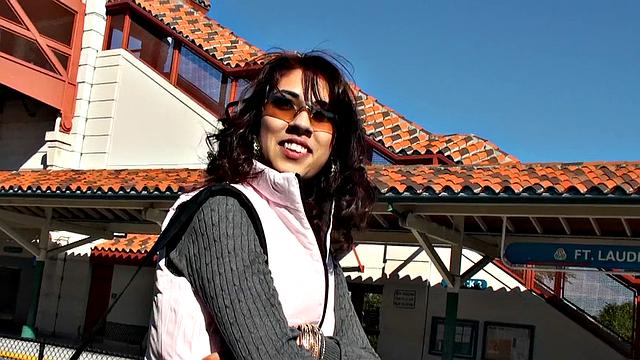 Latina with glasses gets her bald pussy drilled in doggystyle while giving a handjob and cowgirl ride