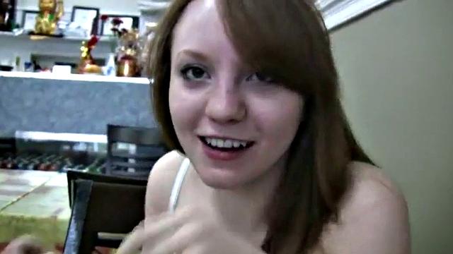A naughty teen slut give a public car blowjob in the bathroom