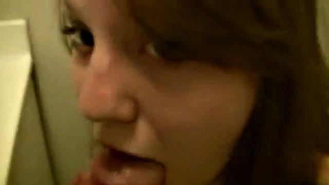 A naughty teen slut give a public car blowjob in the bathroom