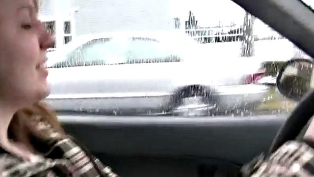 A naughty teen slut give a public car blowjob in the bathroom