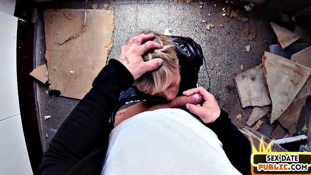 Real public tattooed MILF POV sex with date in building