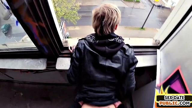 Real public tattooed MILF POV sex with date in building