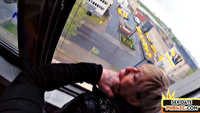 Real public tattooed MILF POV sex with date in building