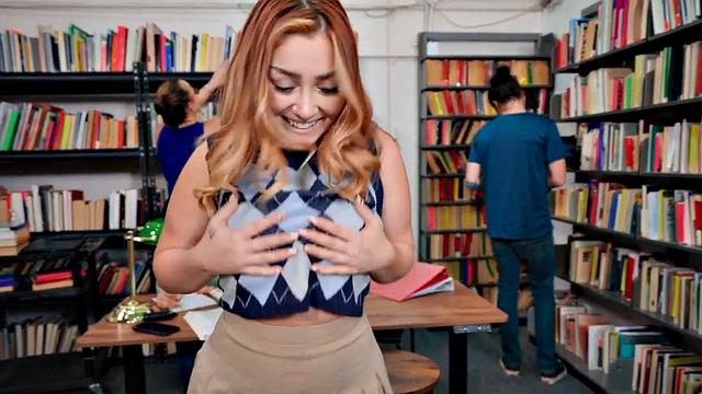 College booty girl shows her big tits in the meeting room
