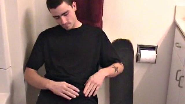 Dan grabs the lube and gets ready to beat off in the bathroom. After working up a stiff one, he strokes with determination, until it squirts fresh warm cum all over his tummy.