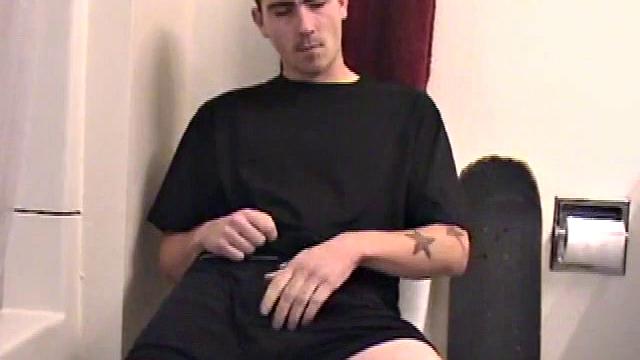 Dan grabs the lube and gets ready to beat off in the bathroom. After working up a stiff one, he strokes with determination, until it squirts fresh warm cum all over his tummy.