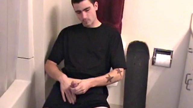 Dan grabs the lube and gets ready to beat off in the bathroom. After working up a stiff one, he strokes with determination, until it squirts fresh warm cum all over his tummy.