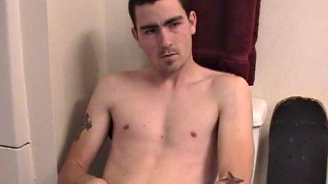 Dan grabs the lube and gets ready to beat off in the bathroom. After working up a stiff one, he strokes with determination, until it squirts fresh warm cum all over his tummy.