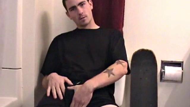 Dan grabs the lube and gets ready to beat off in the bathroom. After working up a stiff one, he strokes with determination, until it squirts fresh warm cum all over his tummy.