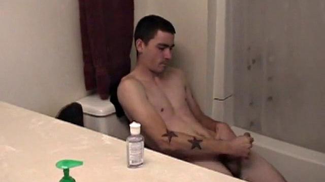 Dan grabs the lube and gets ready to beat off in the bathroom. After working up a stiff one, he strokes with determination, until it squirts fresh warm cum all over his tummy.