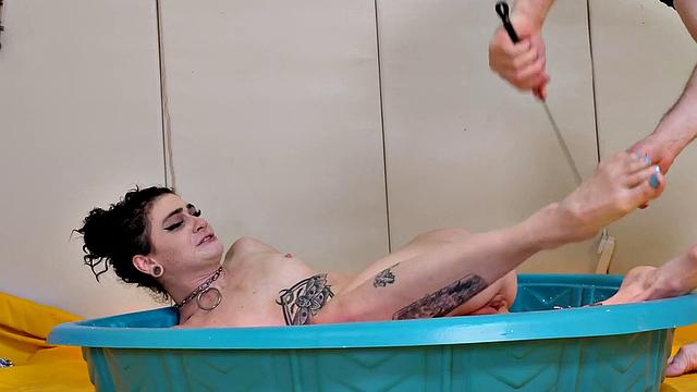 Brunette submissive gets her ass drilled while wearing choker and foot fetish domination