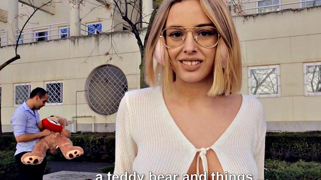 Euro blonde with tattoos and glasses rides cock doggy-style after being picked up