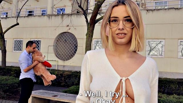 Euro blonde with tattoos and glasses rides cock doggy-style after being picked up