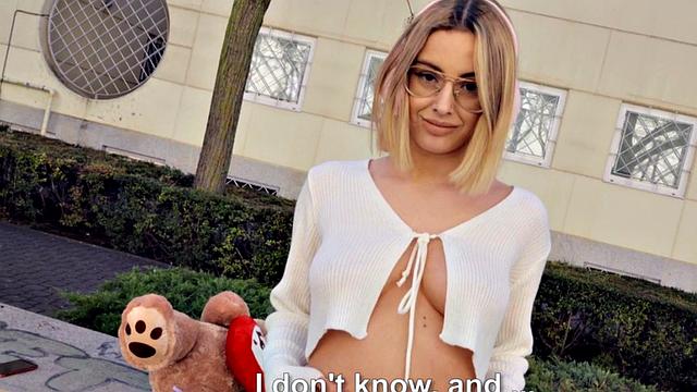 Euro blonde with tattoos and glasses rides cock doggy-style after being picked up