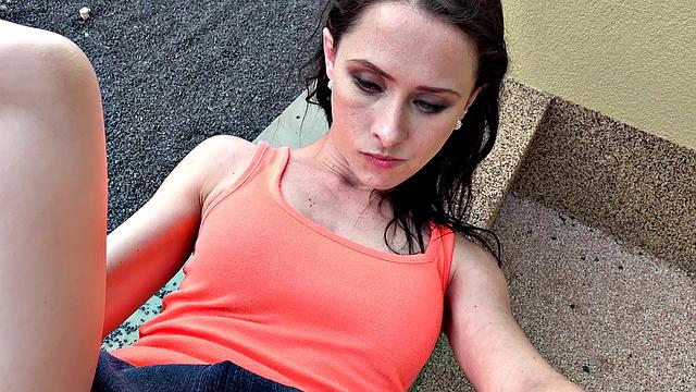 Slim nymph public train track fuck