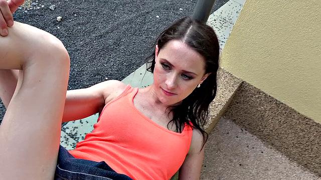 Slim nymph public train track fuck