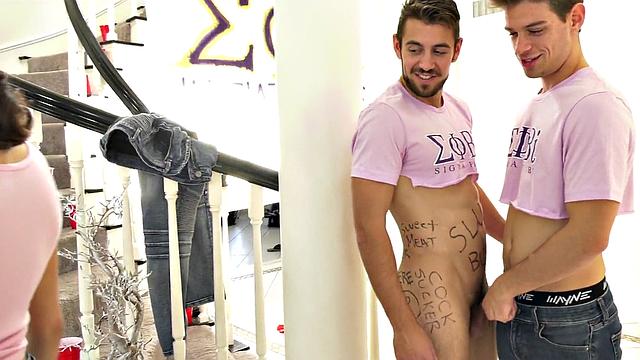 Hot student deepthroats before getting double penetrated in hot threesome action