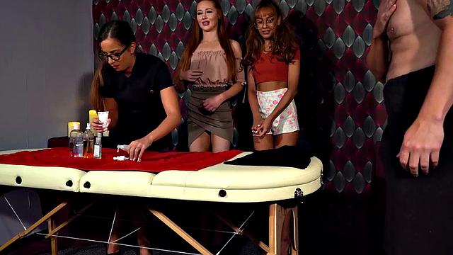 CFNM masseuse sucks cock in group BJ and HJ session