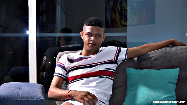 Albert Nunez is a smooth Latin boy, who is auditioning for daddy Ferdinand. On a sofa, the young man strips naked for the camera and starts playing with his big dick. Ferdinand steps in and kneels in front of the boy, so he can suck his cock.