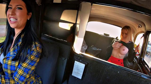 Two dirty-talking blondes in a taxi get down & dirty with each other's bald pussies
