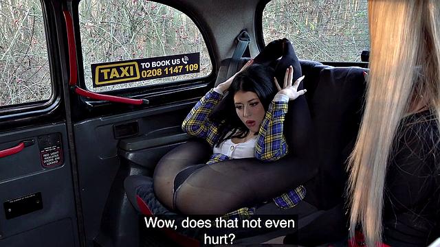 Two dirty-talking blondes in a taxi get down & dirty with each other's bald pussies