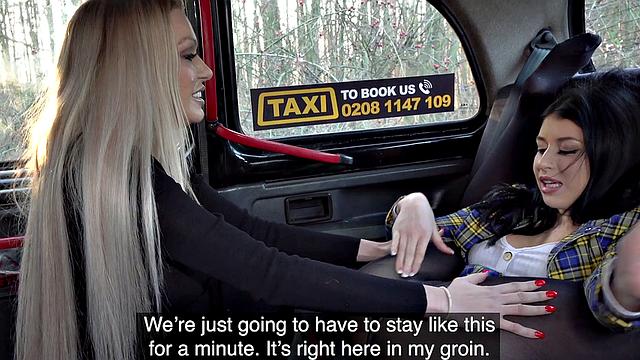 Two dirty-talking blondes in a taxi get down & dirty with each other's bald pussies