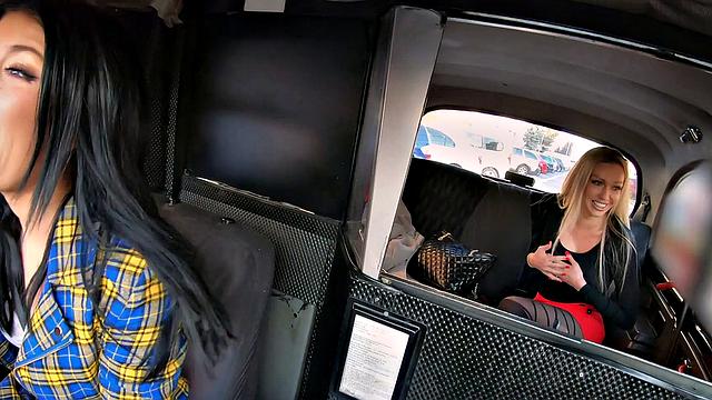 Two dirty-talking blondes in a taxi get down & dirty with each other's bald pussies