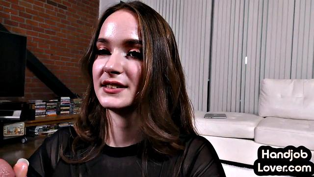 Hj loving cute babe wanking big dick