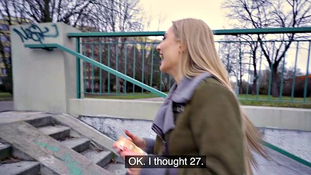 Blonde Euro babe with natural tits gets fucked in public