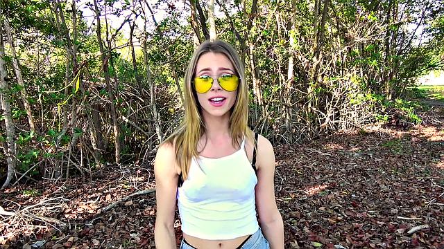 A blonde hottie ride her man's rod in a public park for some cash