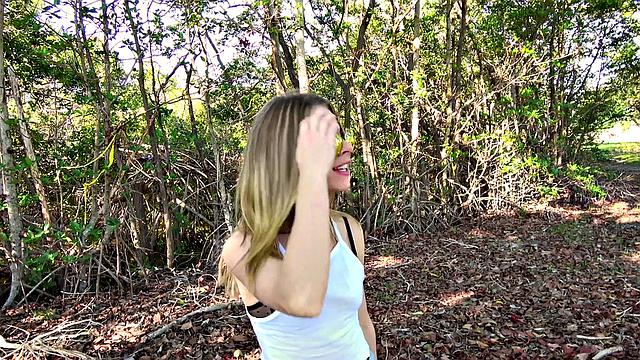 A blonde hottie ride her man's rod in a public park for some cash