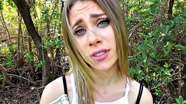 A blonde hottie ride her man's rod in a public park for some cash