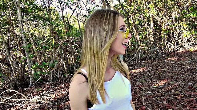 A blonde hottie ride her man's rod in a public park for some cash