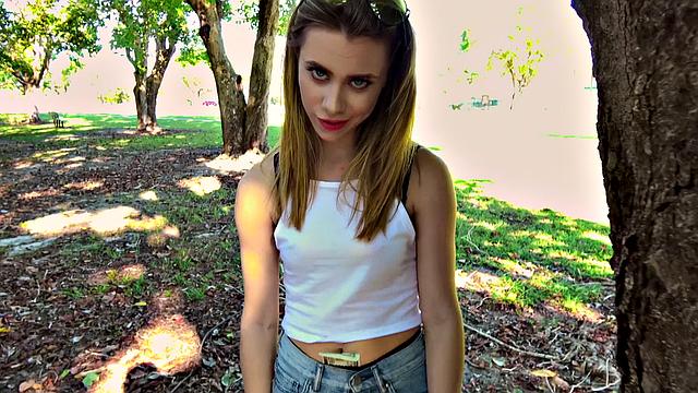 A blonde hottie ride her man's rod in a public park for some cash