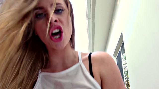 A blonde hottie ride her man's rod in a public park for some cash