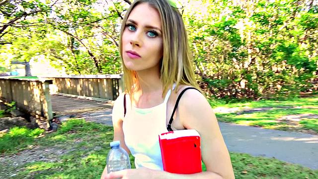 A blonde hottie ride her man's rod in a public park for some cash
