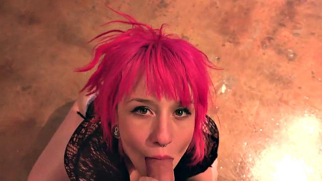 Pink hair cocksucker gives her best with mouth and boobs