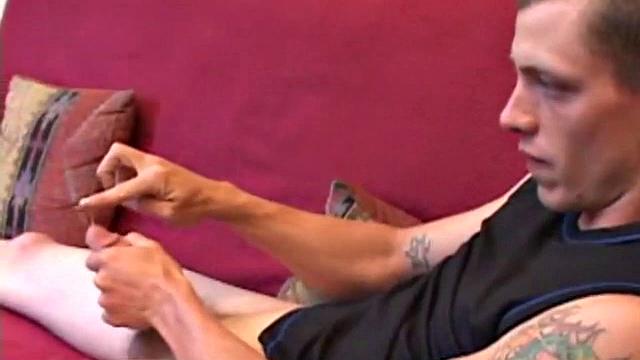 Proud of his rigid cock, Shane kicks back and starts stroking. Stimulated by porn video, things get pretty busy, but all cums out in the end.