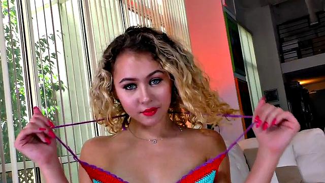 A curvy babe in lingerie strip down and give a POV handjob to her boyfriend