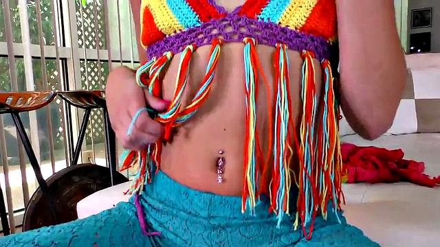 A curvy babe in lingerie strip down and give a POV handjob to her boyfriend