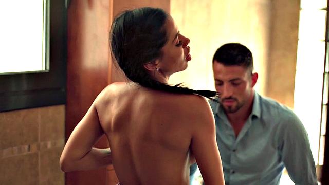 Slutty babe enjoys fucking hard in pussy by big white dick