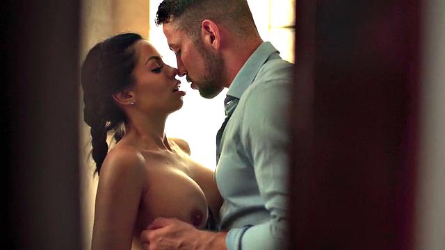 Slutty babe enjoys fucking hard in pussy by big white dick