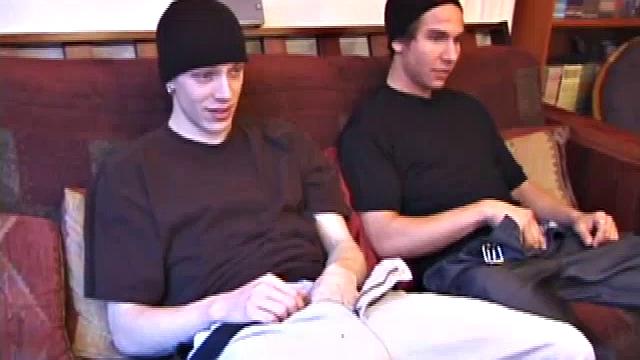 Shane and Brock sit side-by-side and begin watching their porn, while getting themselves ready for their task. Soon hands find their way into their pants. Cock in hand, Brock strokes and soon both he and Shane are stripping naked.
