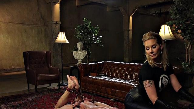 BDSM domina rides sub cock while toying her clit