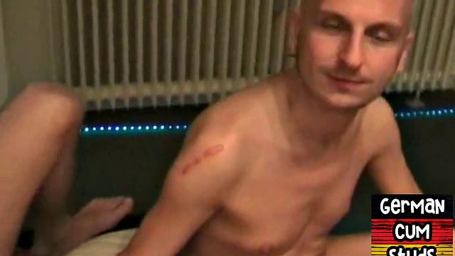 Skinny German guy eats cum after anal 3some at home