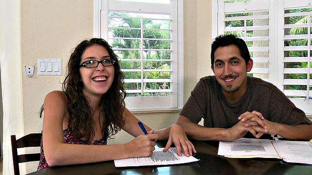 Latina with glasses and thong fucks in POV while getting her bald pussy pounded